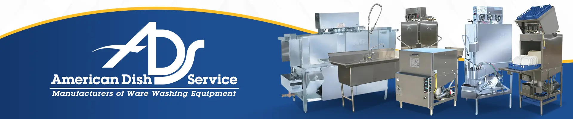 American Dish Service brand banner showing commercial dishwashers and warewashing equipment with ADS brand logo on a blue background.